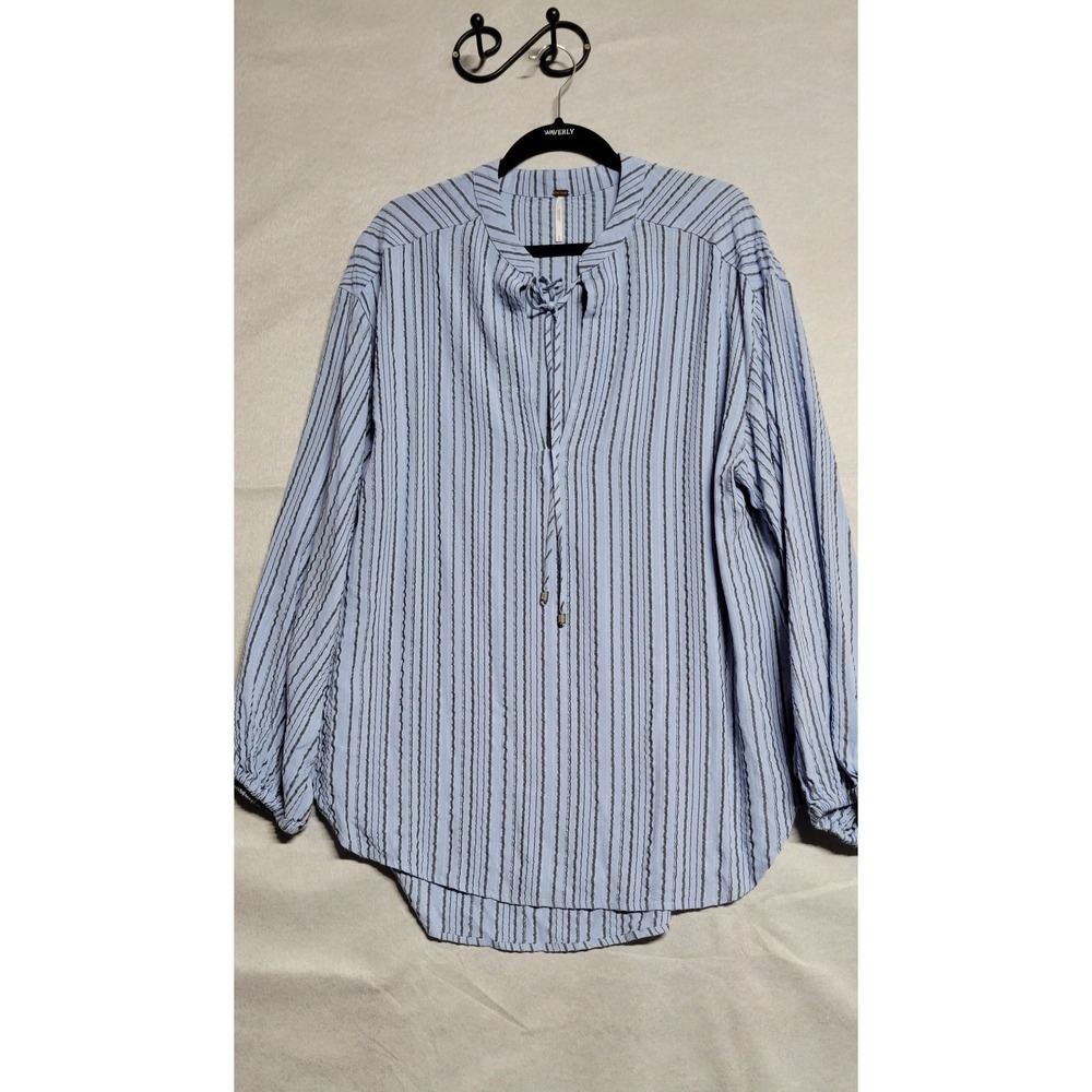 Blue Striped Free People Ls Oversize Tunic With Tassel Tie Neck Size M